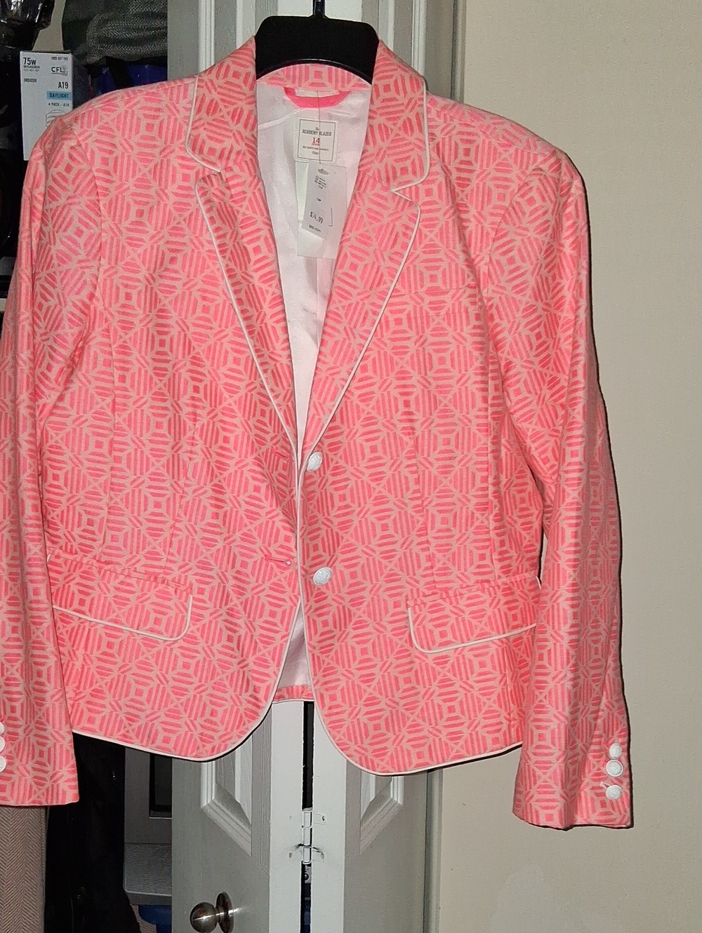 The Academy Brand Pink Geometric Cropped Blazer with White Piping